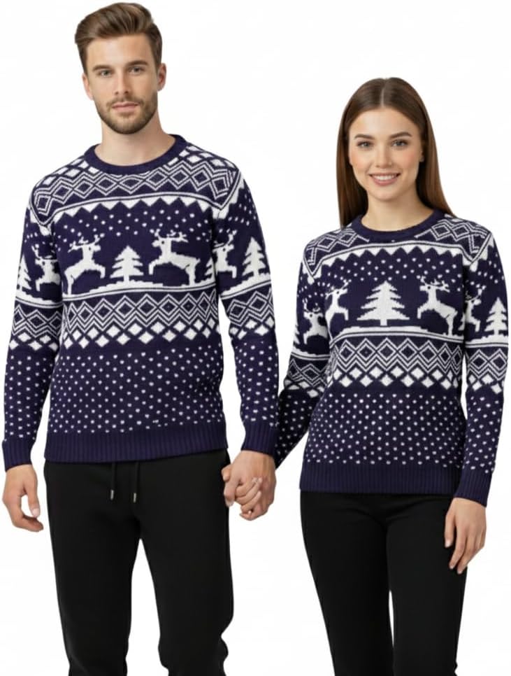 Men's Christmas Sweater Ugly Reindeer Crewneck Unisex Holiday Reindeer Snowflakes Holiday Novelty Xmas Pullover