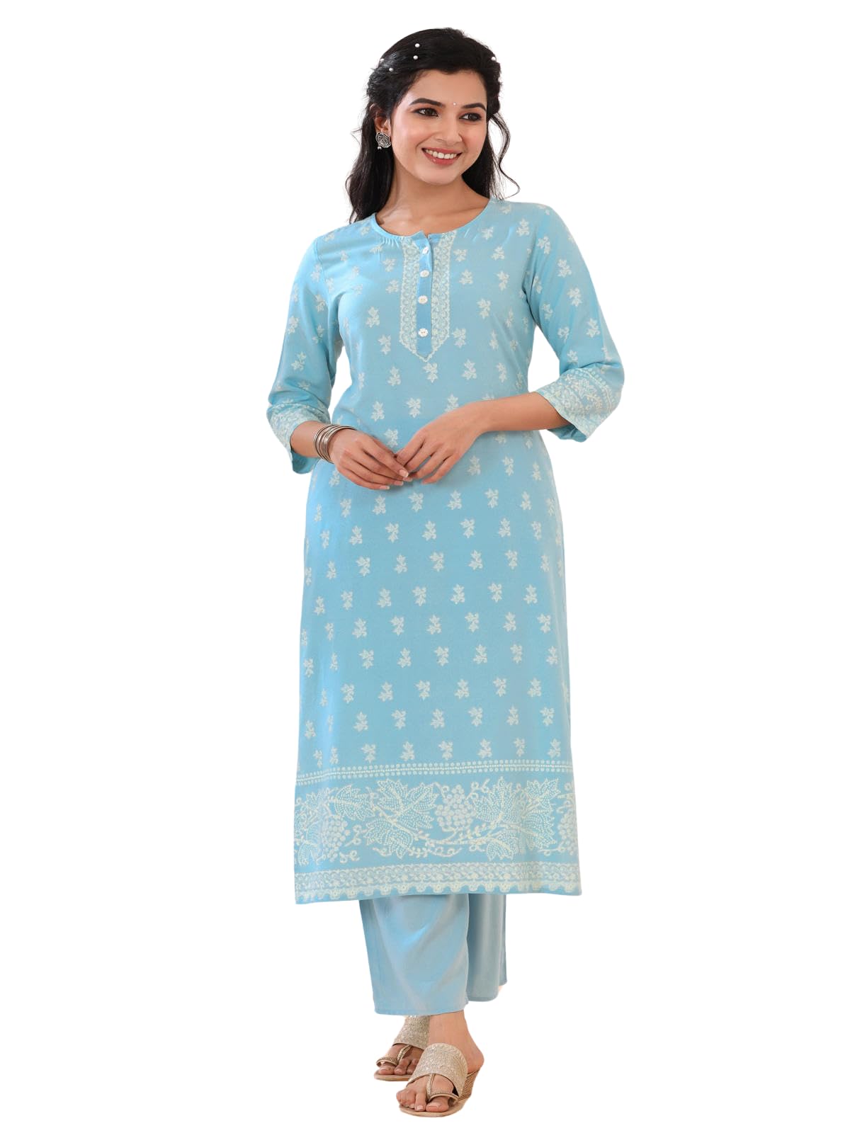 JuniperPowder Blue Ethnic Motif Printed Rayon Kurta with Buttons