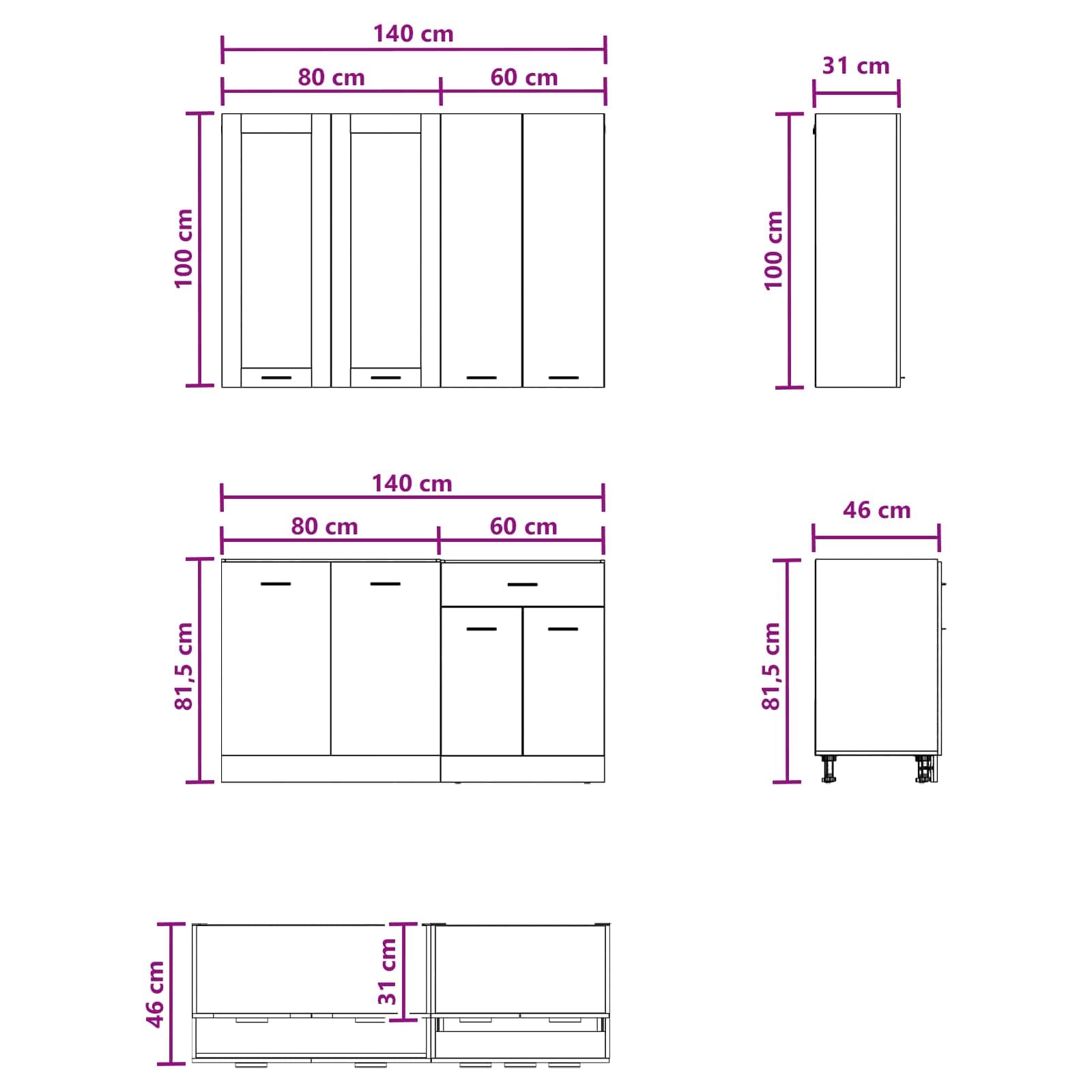 Küchenzeile Lyon 4-teilig Küchenblock aus Holzwerkstoff in Altholz-Optik, Miniküche Set mit Hängeschränken und Unterschränken für Küche und Esszimmer, 4-TLG.