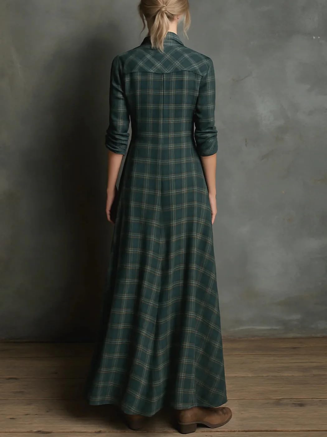 cffvdiz Robe-Chemise Boutonnée pour Femmes Manches Longues Col À Revers Imprimé À Carreaux Robe Maxi Style Campagne
