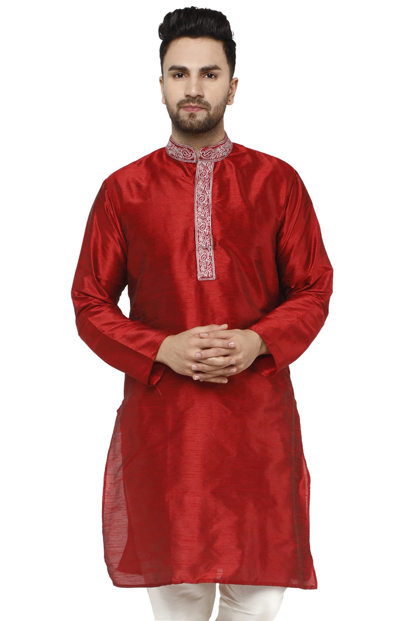 SKAVIJMen's Art Silk Long Kurta Shirt Wedding Ethnic Wear