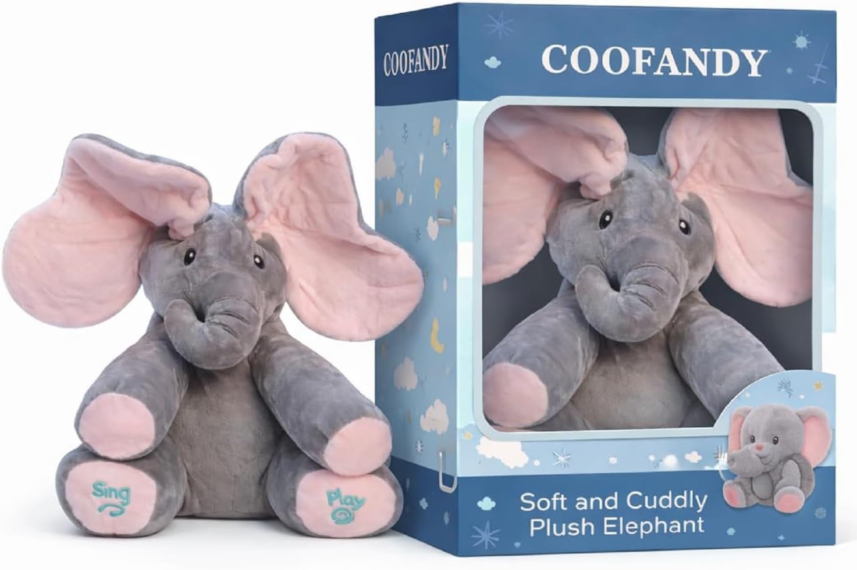 Coofandy Elephant Toy - Interactive Singing Elephant Teddy with Flapping Ears - for Newborn Baby, Kids, for Toddlers Boys or Girls - Hide and Seek Fun - Peekaboo Soft Toy for Babies 0-12 Months +
