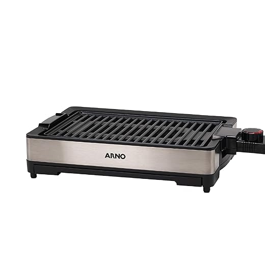 Churrasqueira Elétrica Arno Mais Sabor e Pouca Fumaça GPRA, Inox e Preta com Revestimento Antiaderrapante, Termostato Regulável e Alças Térmicas, 110V