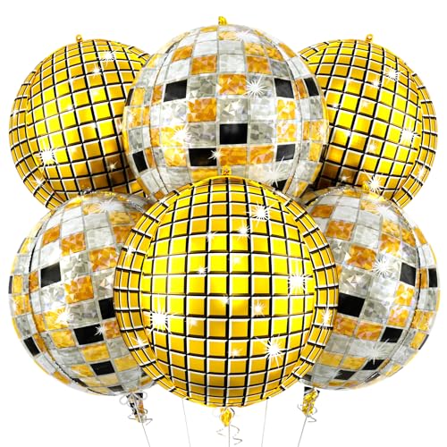 Image of 6pcs 22 Inch Multicolor Disco Ball Balloons, Gold Big Disco Balloons, Black Silver Gold 4d Large Foil Aluminum Balloon For Birthday Baby Shower 70s 80s 90s Theme Party Wedding Engagement Graduation