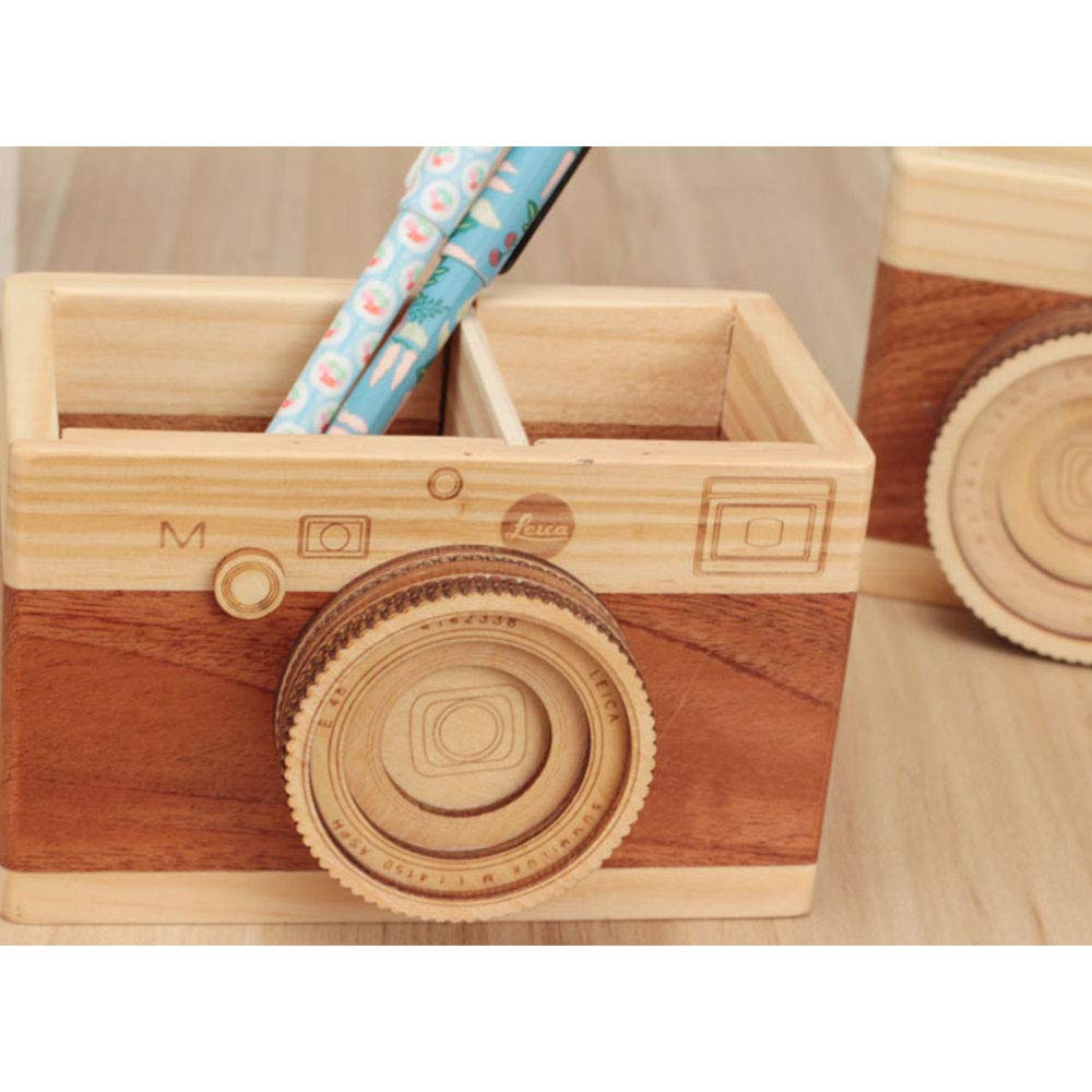 SagaSave Wood Pen Holder, Creative Camera Shaped Desktop Pencil Holder, Wooden Cute Pen Pot, Gift for Kids Students, Friends - Image 2