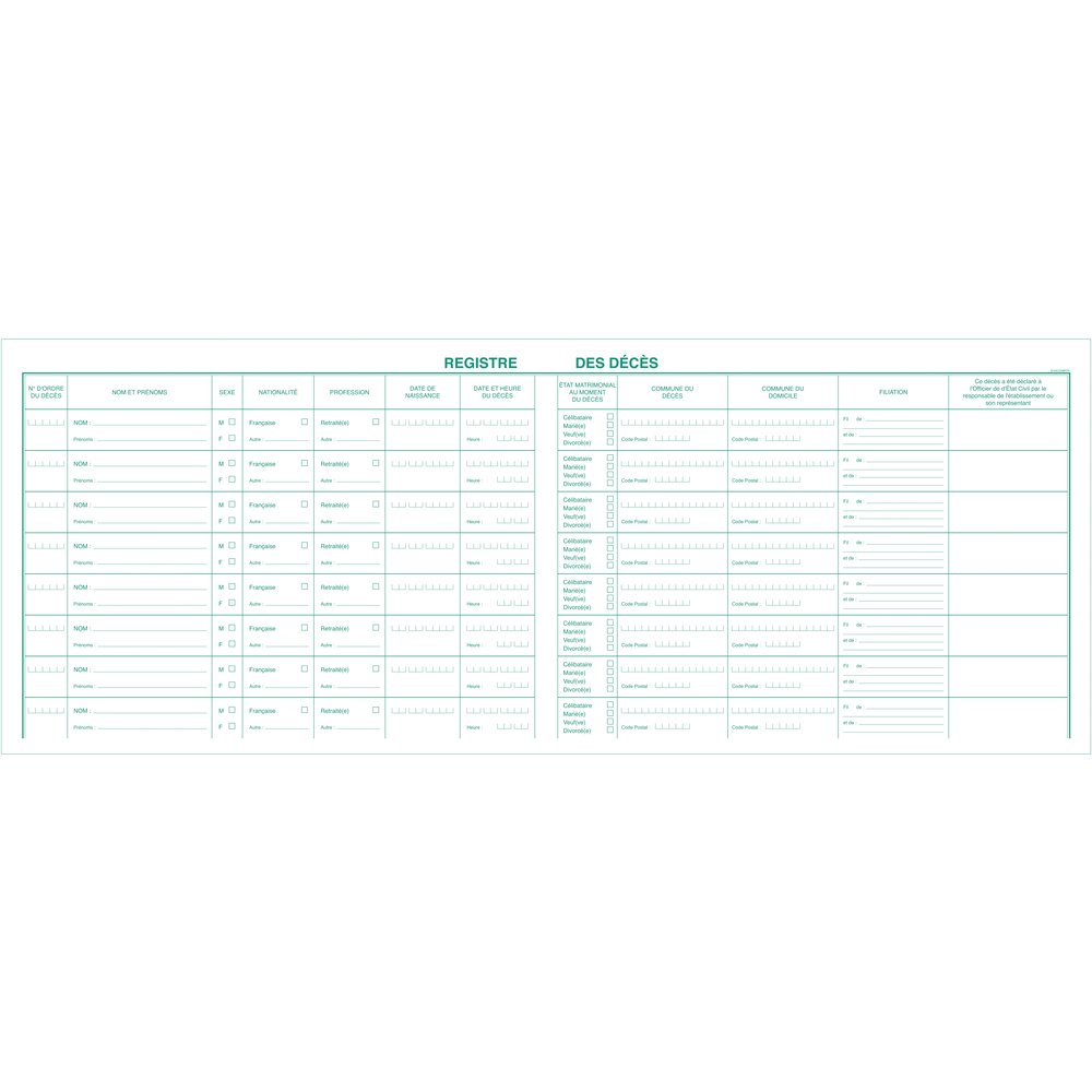 Exacompta - Réf. 4442E - 1 Registre des décès pour les hôpitaux, établissements sociaux (maisons de retraite) ou médico-sociaux - 100 pages foliotées - format 240 x 320 mm - couverture rigide