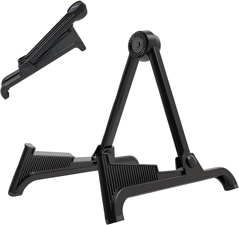 Classic A-Frame Tripod Adjustable Guitar Stand for Acoustic Bass Electric Guitars and Ukuleles Folding Floor Stand Small Good for Traveling (BlackRubber+BlackFream)