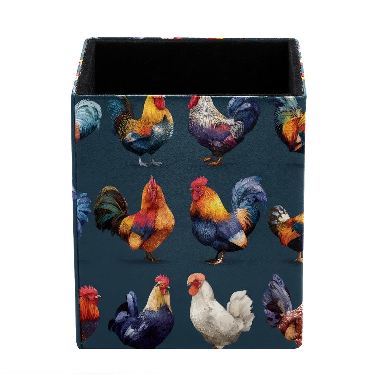 HEOEH Roosters Pen Holder Pen Pot, Square Pencil Cup for Desk