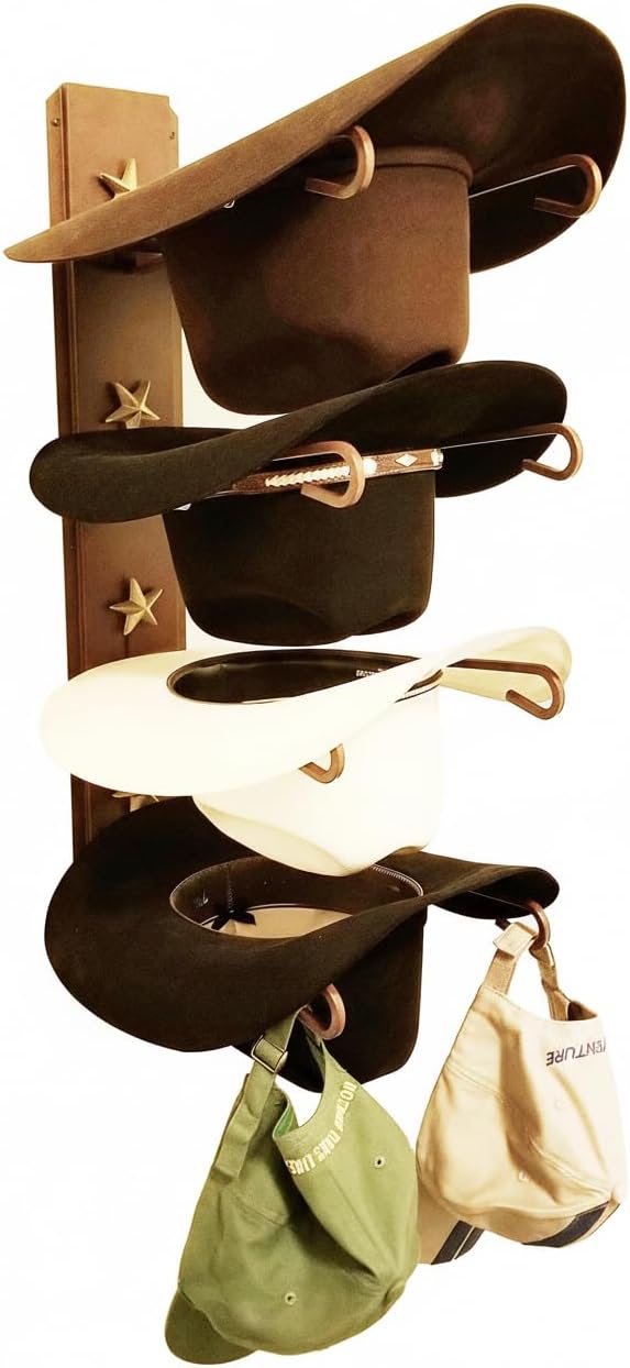 American Made Cowboy Hat Rack with Star, Wall Mount Brimmed Hat Holder, Heavy Duty Powder Coated Steel, Western Hat Organizer, Rust Chisholm Trail Brown