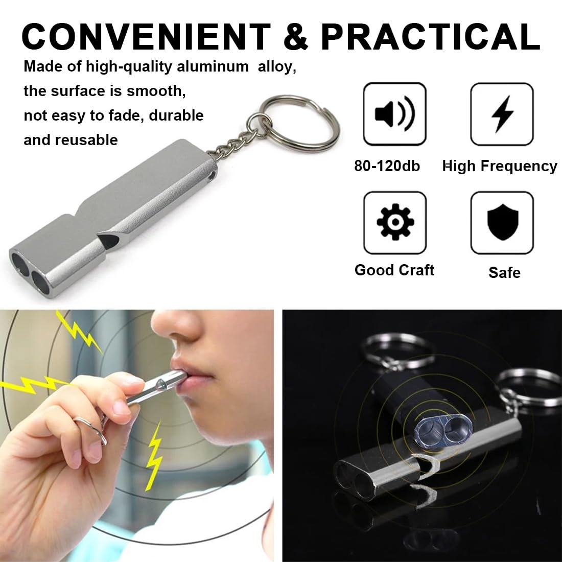 2 Silbatos de Emergencia de Doble Tubo, 120dB Silbato de Supervivencia de Alta Frecuencia con Llavero para Senderismo, Camping, Deportes y Seguridad (Plateado y Negro)