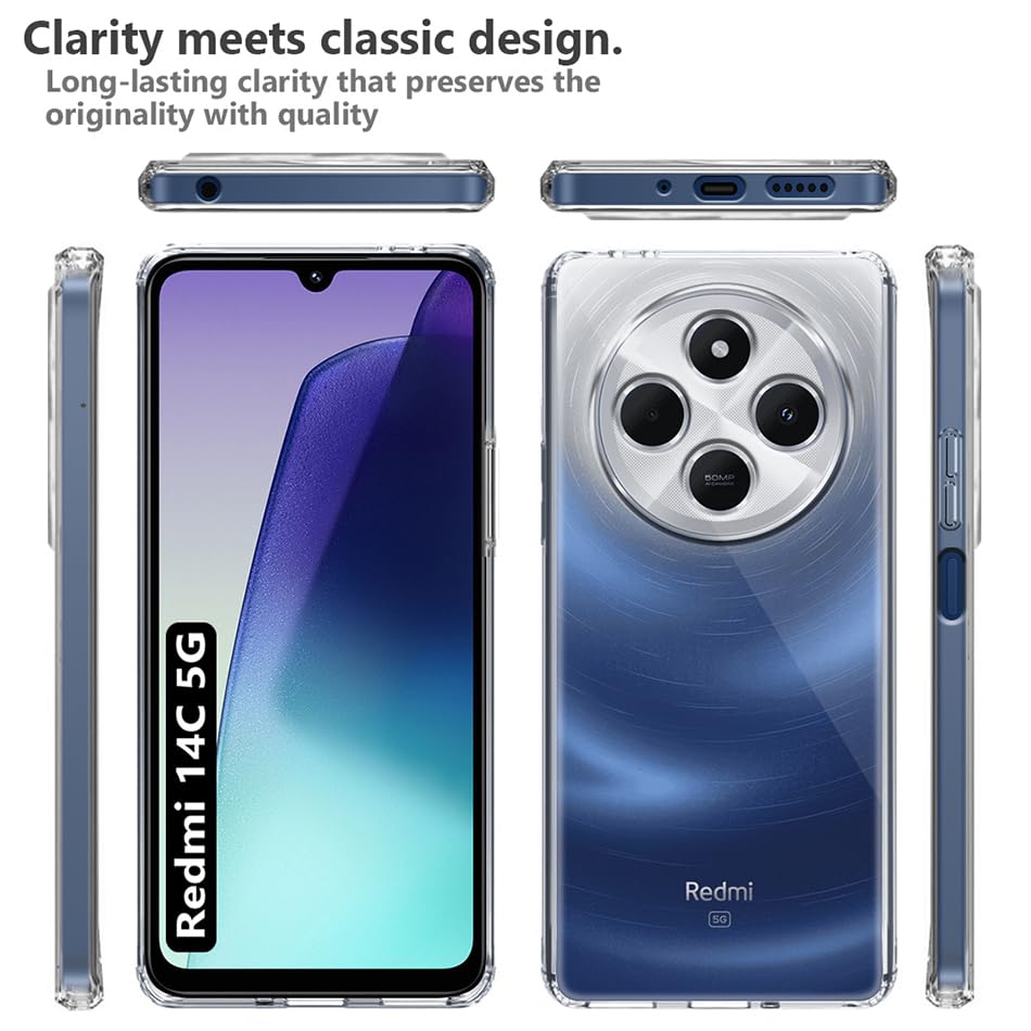 Image of Fashionury Crystal Clear Case for Redmi 14C 5G | Yellowing Resistance | Transparent TPU Silicone | Raised Camera Lips | Slim Transparent Cover