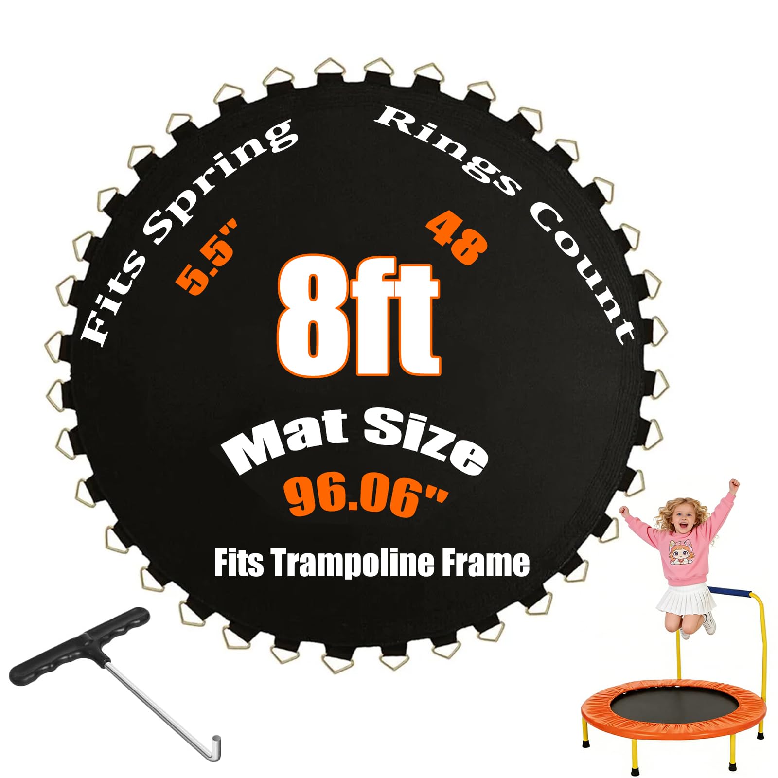 Tappetino per trampolino per telaio da 2,4 m, diametro 203,2 cm con 48 anelli a V, adatto per molle da 14 cm, tappetino in polipropilene rinforzato, resistente ai raggi UV e alle intemperie, include