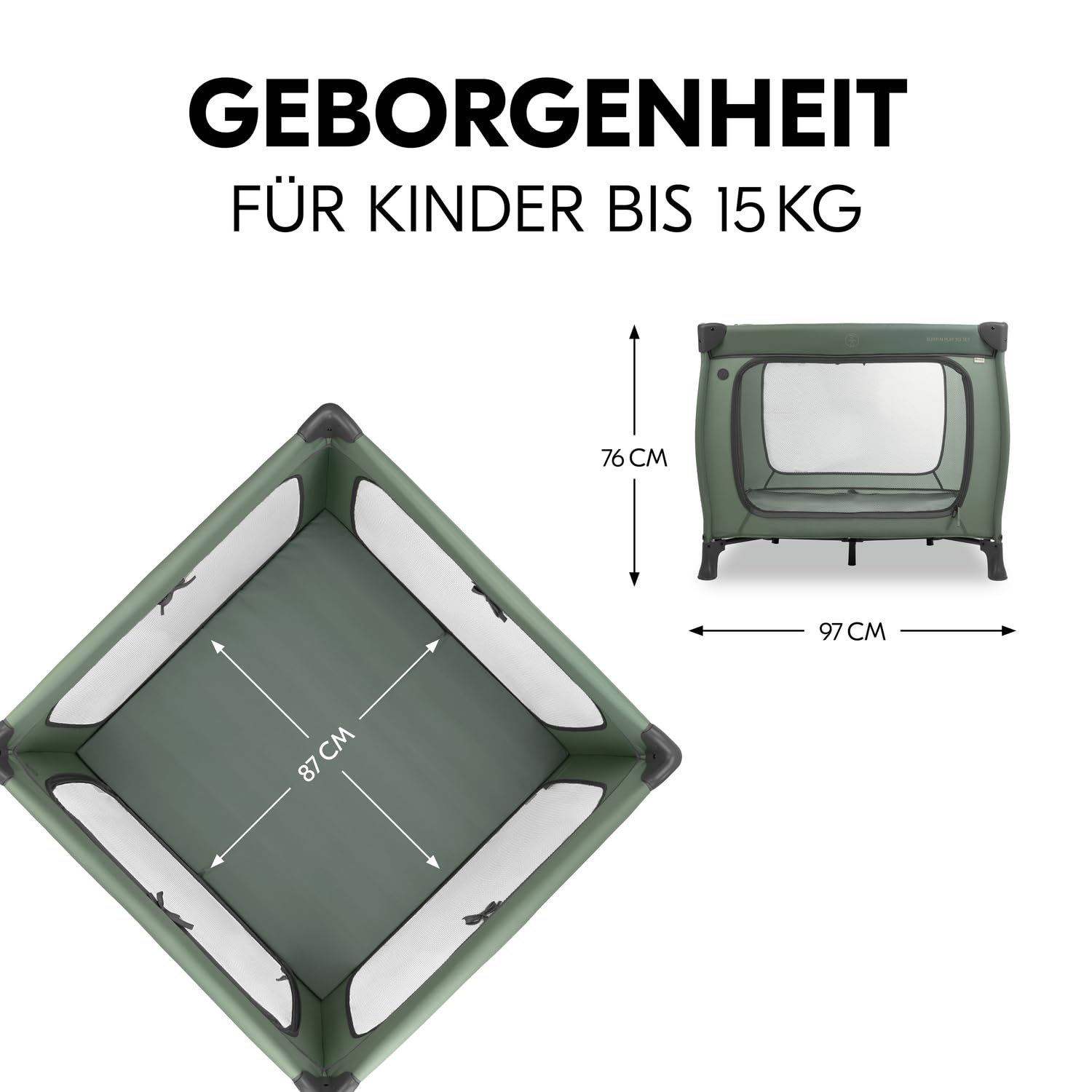 Hauck Quadratischer Reise Laufstall mit Matratze Sleep N Play SQ Dark Green | Klein zusammenklappbar mit Tragetasche & XL Spielöffnung ab Geburt bis 15 kg / 3 jahre, 2in1 Laufgitter & Reisebett