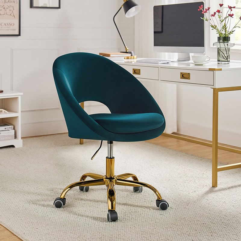 FABRICATION HAUS Silla giratoria de terciopelo para escritorio y oficina en casa, altura ajustable, sin brazos, cojín acolchado con ruedas, cómoda silla de computadora, patas de metal dorado, rueda