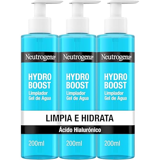 Neutrogena Limpiador Gel de Agua Facial Hydro Boost, con Ácido Hialurónico, Textura Ligera, Hidratación y Limpieza, pack de 3 unidades de 200 ml cada una