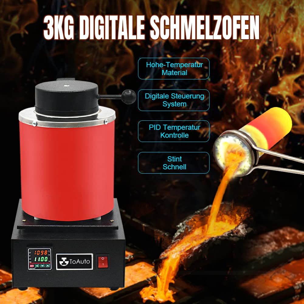 TOAUTO 3KG Digitale Schmelzofen 1400W 2000F, Automatischer Schmelzofen Kit mit Graphittiege und Graphit Barrenform, Schmelz Silber, Gold, Kupfer, Aluminium