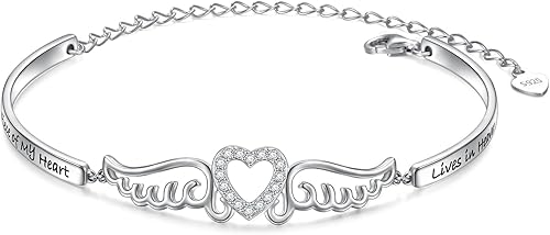 FLYOW Pulsera de plata de ley S925 con alas de ángel en memoria de mamá, papá, abuela, abuelo, hija, hijo, pérdida, regalo conmemorativo