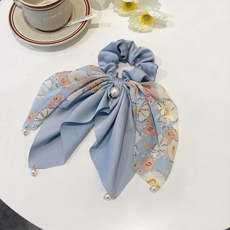 Scarf Scrunchies Satin Floral Tail Scrunchies Hairties for Women Girls Pearl Hair accessories hairbands blue