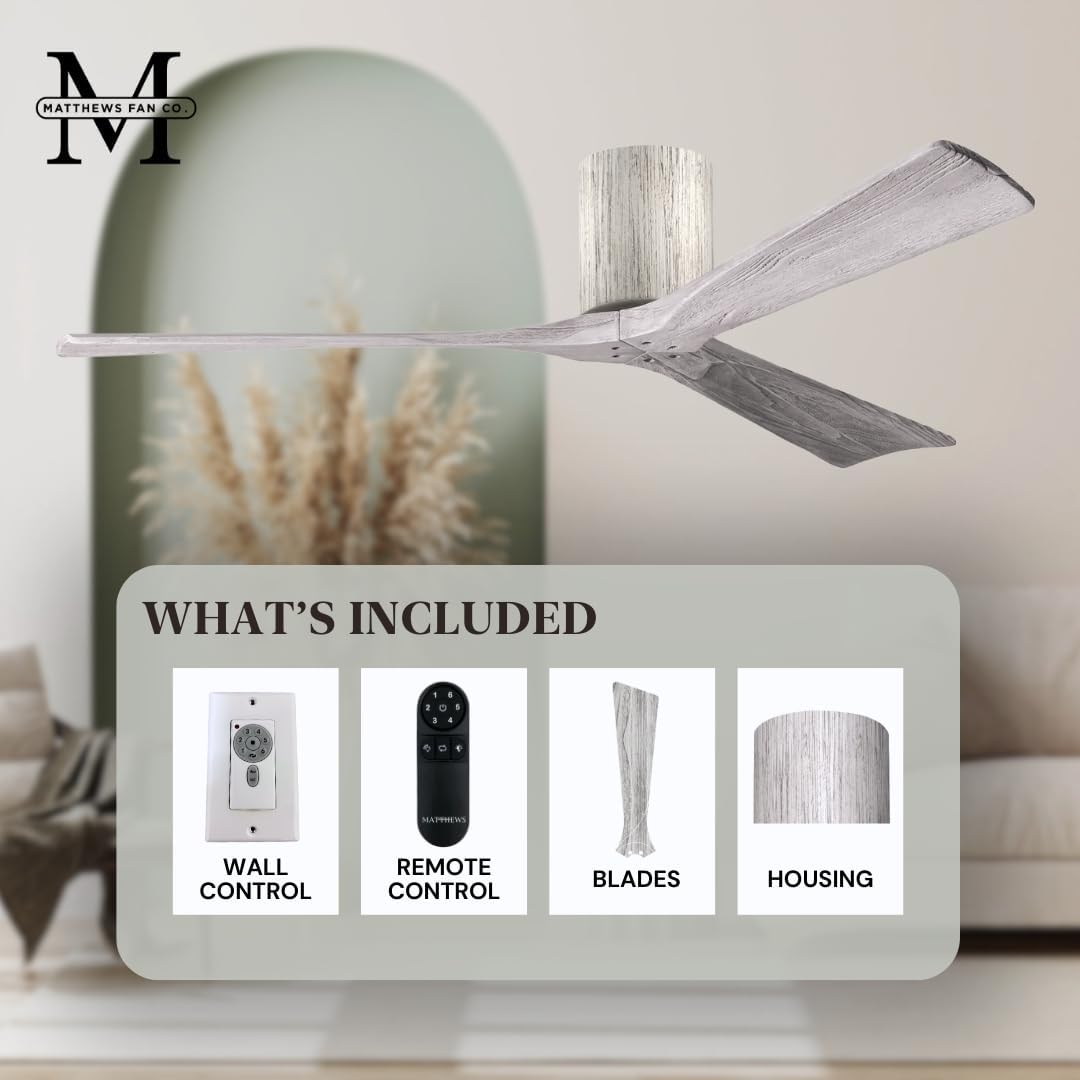 Matthews IR3H-BW-BW-42 Irene Damp Rated Flush Mount 42" Ceiling Fan with Remote & Wall Control, Silent DC Motor, 3 Solid Wood Blades, Barn Wood Tone