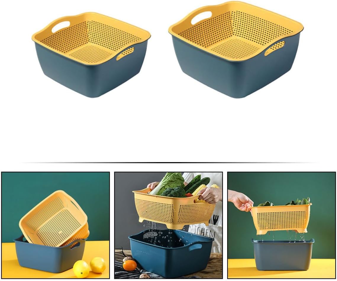 HANABASS Double Layer Kitchen Vegetable Strainer Basket Set, Nordic Blue Large and Small Square Colanders, Plastic Draining Bowls for Fruit and Vegetable Washing and Storage, 2pcs Kitchen