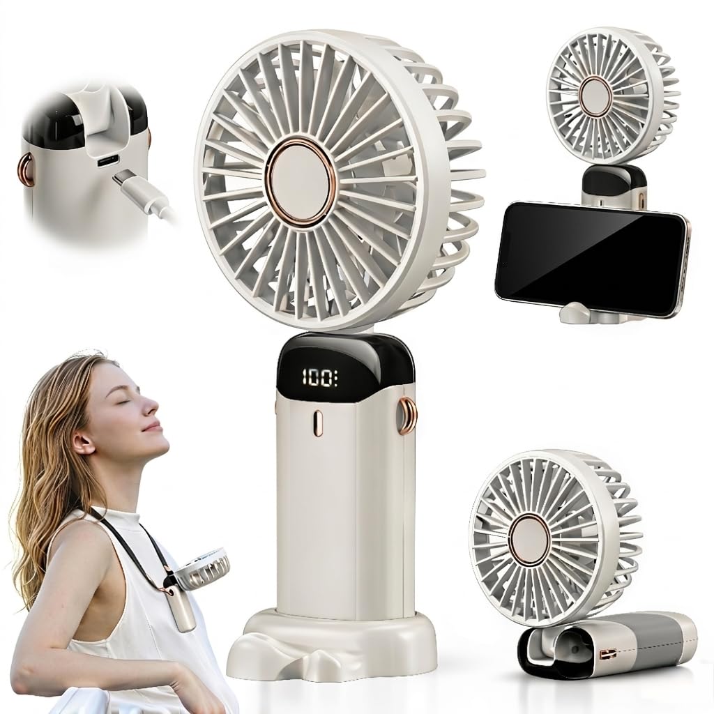Ventilador Portatil 3 En 1 I 5 Velocidades I Ventilador De Mesa Recargable Por USB I Mini Ventilador Silencioso De Mano + Base + Cuerda Cuello Incluidas I 5000mAh.