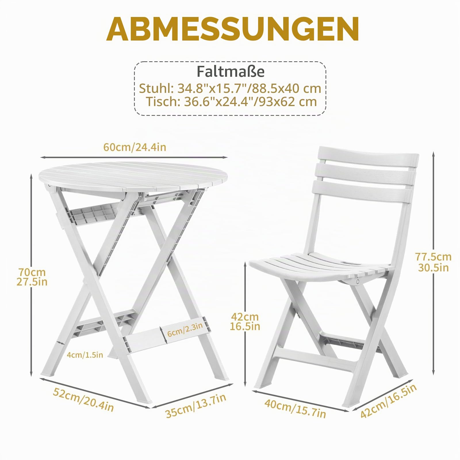 KAIHAOWIN Bistroset 3-teilig, Bistrotisch Mit 2 Stühlen Klappbare Balkontisch Set 2 Personen, Kleiner Gartentisch Kunststoff Mit 2 Stühlen, Balkonmöbel für Garten, Balkon, Weiß