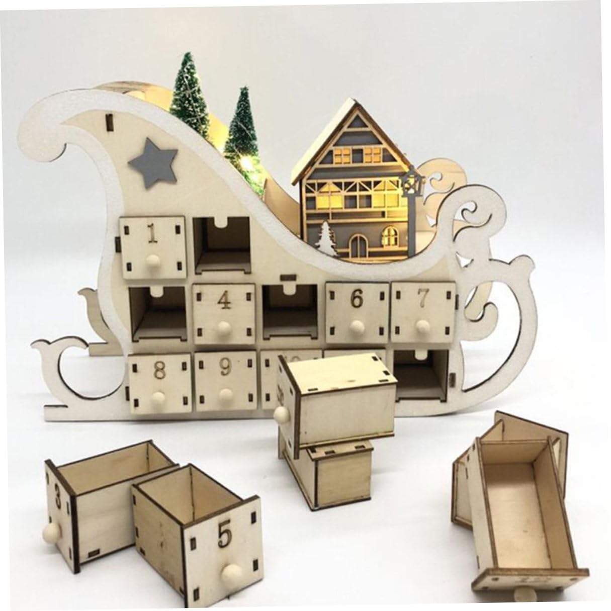 BESPORTBLE Holz Weihnachtskalender mit Schlittenform DIY Bastelidee für Weihnachten Countdown Kalender aus Holz Weihnachtsdeko für Schreibtisch und Wohnzimmer