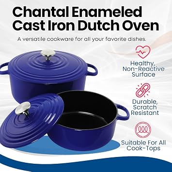 Chantal Enameled Cast Iron Cookware, 3 pc Set - 5Qt Covered Dutch Oven with 10 Skillet, Cobalt Blue