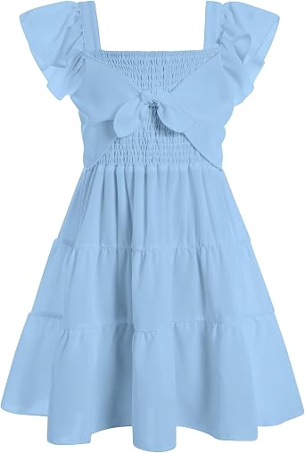 Vogseek 5-12T Girls Dresses for Tweens Square Neck Ruffle Sleeve A Line Swing Dress