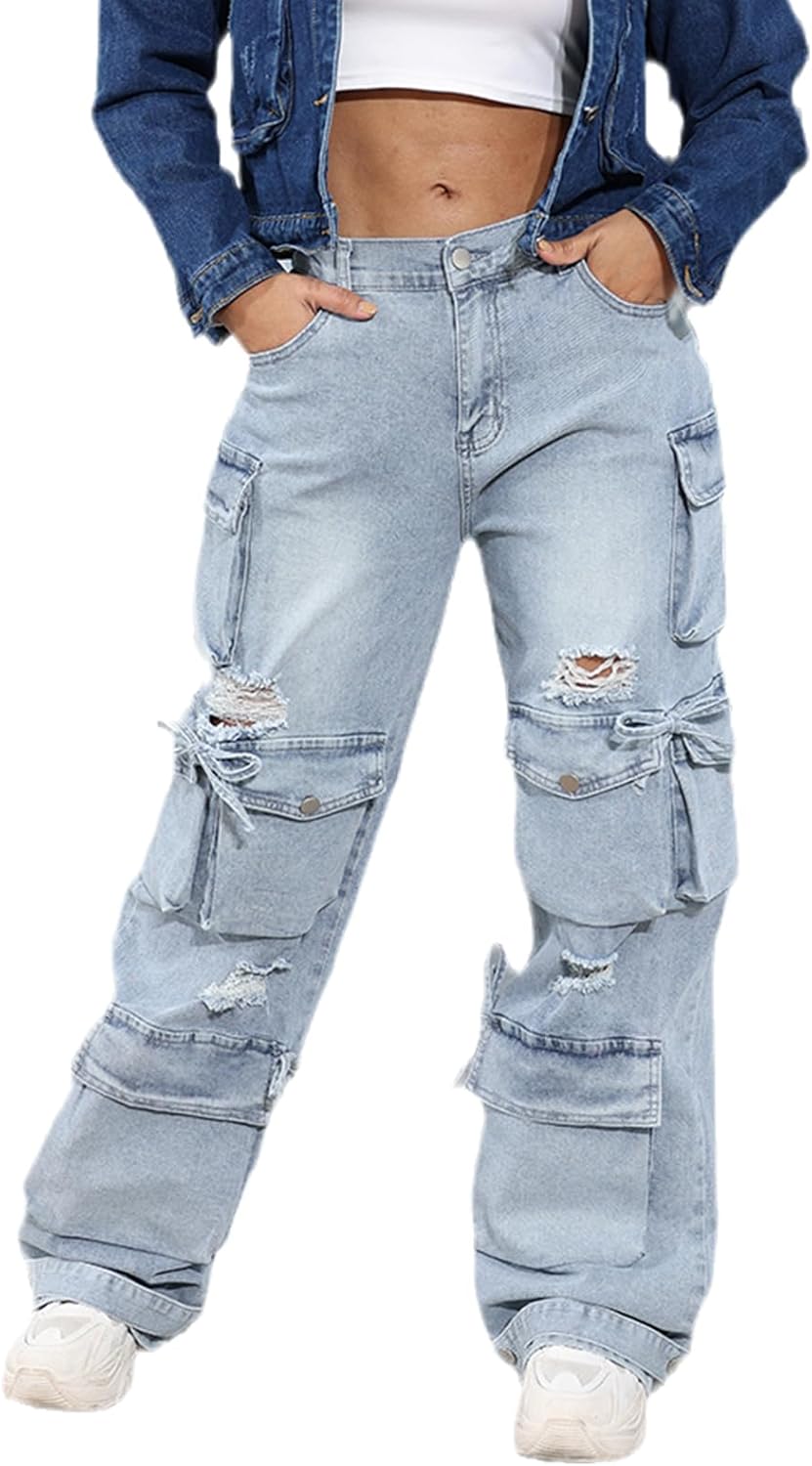 ThusFar Women's High Waist Baggy Jeans Flap Pocket Cargo Pants Loose Denim Pants Streetwear
