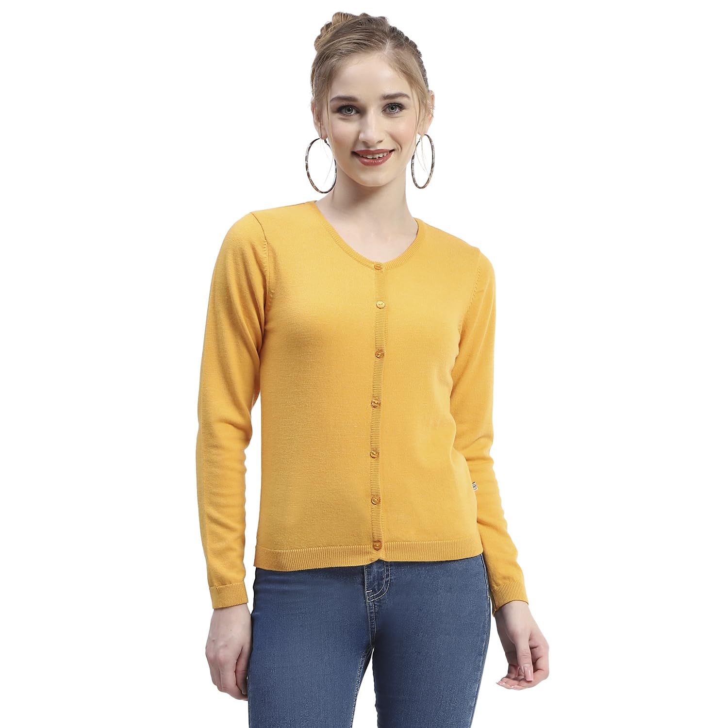 madame Crew Neck Solid Mustard Yellow Button Down Full Sleeve Cardigan-picture-13