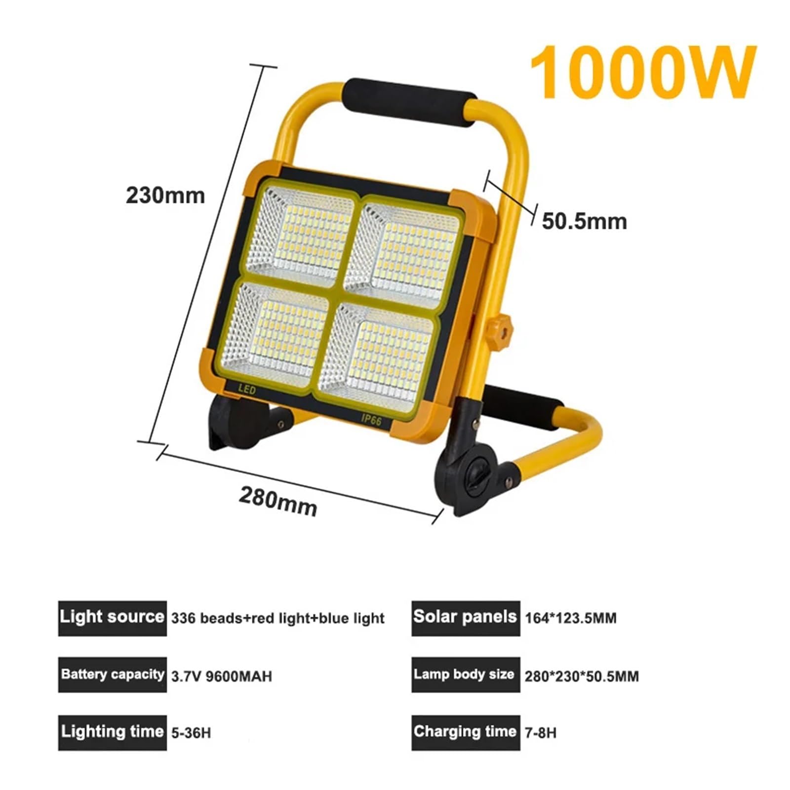 Faretti da esterno Lampada solare portatile da 1000 W Riflettore LED portatile Proiettore ricaricabile Proiettore Lampada portatile solare emergente per garage e stadio
