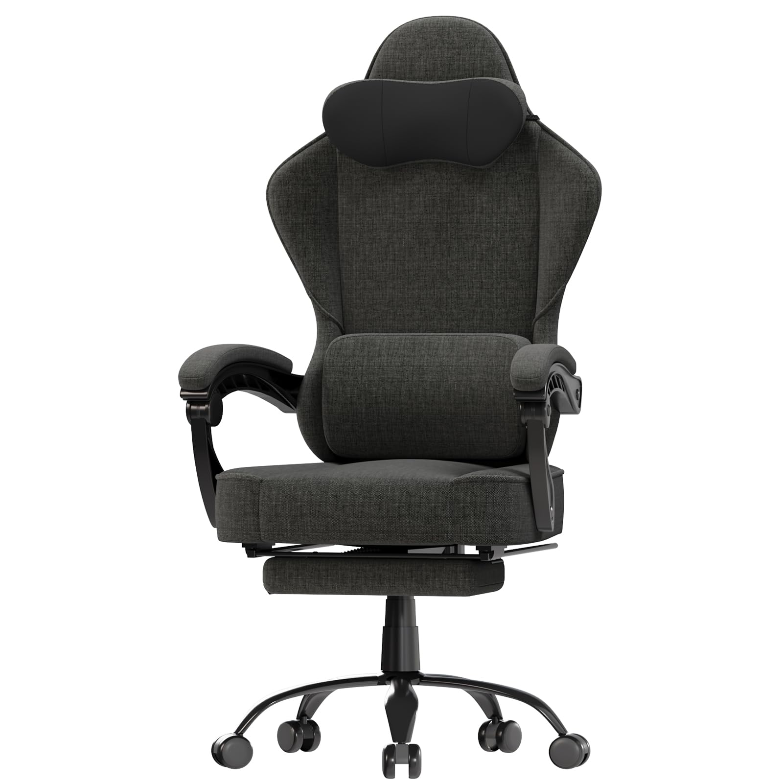 TRIUMPHKEY Silla Gaming de Tela, Silla de Juegos con Masajeador, Silla de PC con Reposacabezas, Silla Oficina Ergonómica con Reposapiés para Oficinas y Juego (Gris Oscuro)