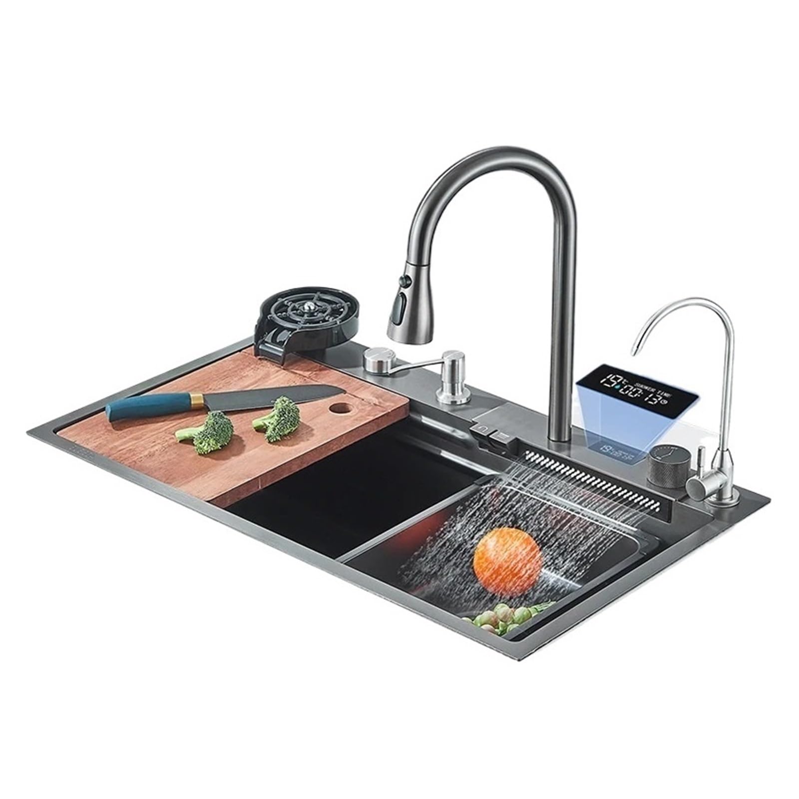 Waterfall Sink Kitchen Stainless Steel Topmount Large Single Slot Wash Basin with Multifunction Faucet Easy to Clean Maintain