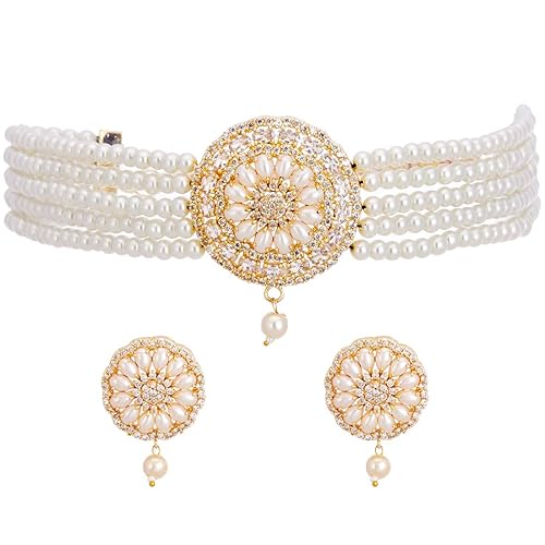 Zeneme Necklace American Diamond Gold Plated Brass Pearl Choker Necklace with Earring Fashion Jewellery Set For Women Girls