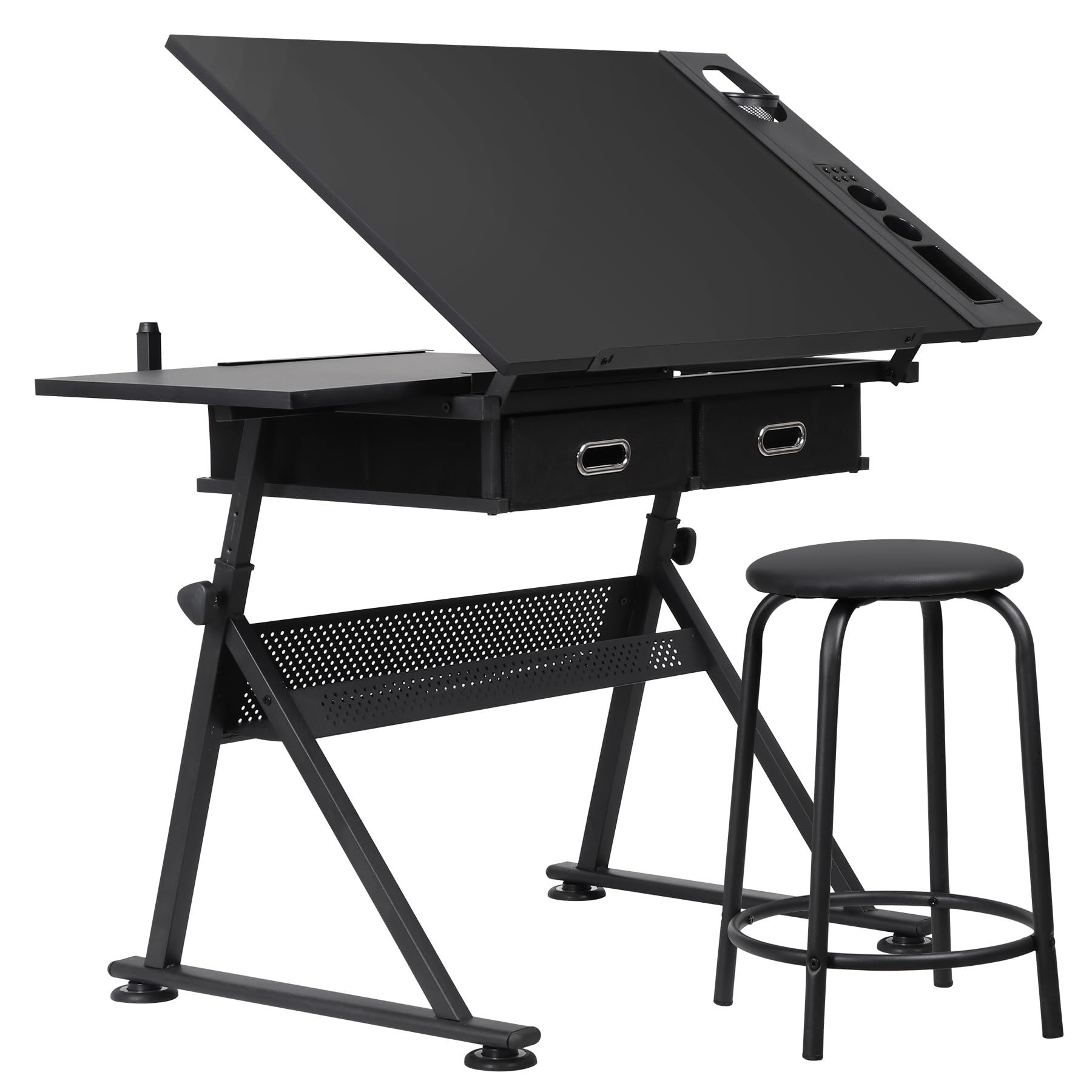LEMY Drafting Table Art Desk, Height Adjustable Drawing Table Tilting Tabletop Work Station with Stool and Storage Drawer for Home, Office, Writing,