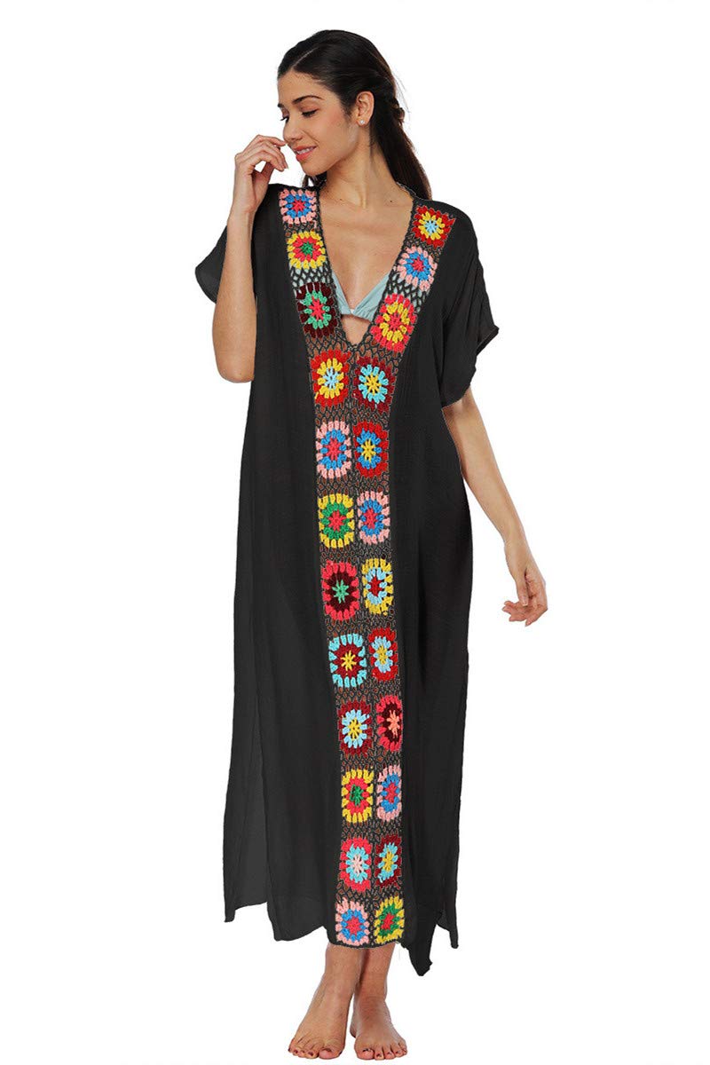 Kawai Peach Women's Black L-Peach Floral Knitted Bathing Suits Cover Up Kaftan Beach Maxi Dress