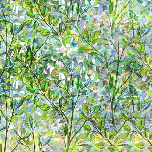 Qualsen Vinilo para Ventana Efecto Arcoiris Vinilos para Cristales Patrón de Hoja Verde Electrostática Decorativos Vinilo No Adhesivo Cristal Anti UV Lámina Privacidad Ventana de Hogar 30x200cm