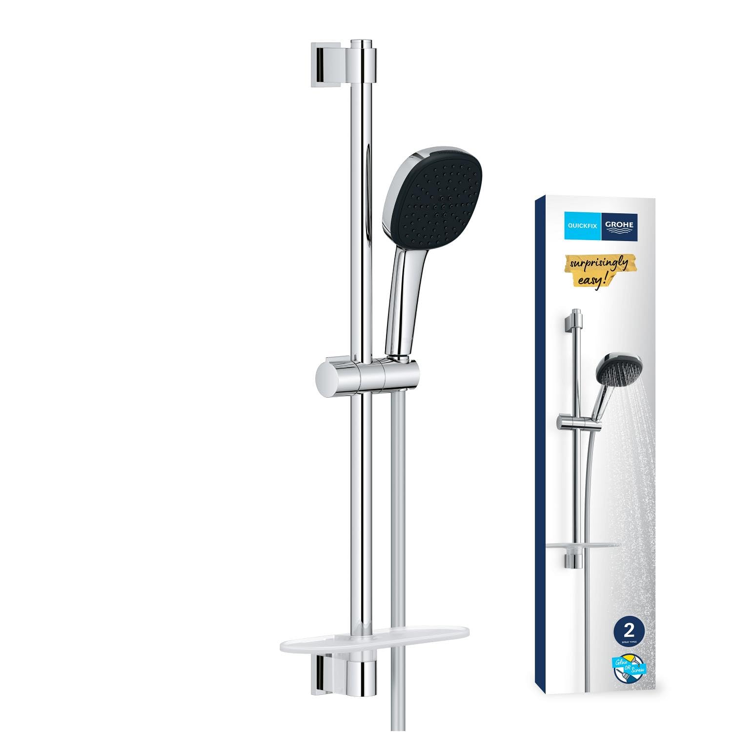 GROHE Vitalio Comfort 110 Set Saliscendi Doccia (2 getti Rain e Jet, asta 600 mm, flessibile, SpeedClean anticalcare), Cromo, 26929001