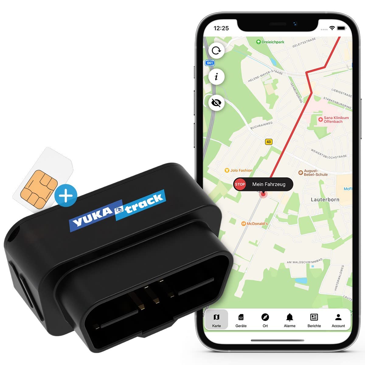 OBD2 localizador GPS para coche, camión y caravana | SIM y datos incluidos, localización en vivo por app, libro de rutas, sin contrato, conexión directa OBD2