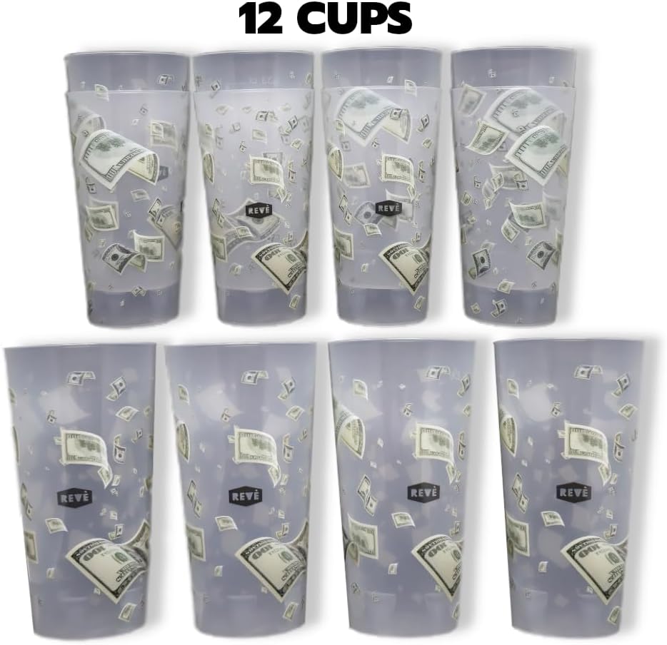 ReVè Money Party Cups – Set of 12 | 12oz Reusable, Eco-Friendly, Durable Plastic Cups | Made in France | BPA-Free Tumblers | Top-Rack Dishwasher Safe | Recycled & Recyclable