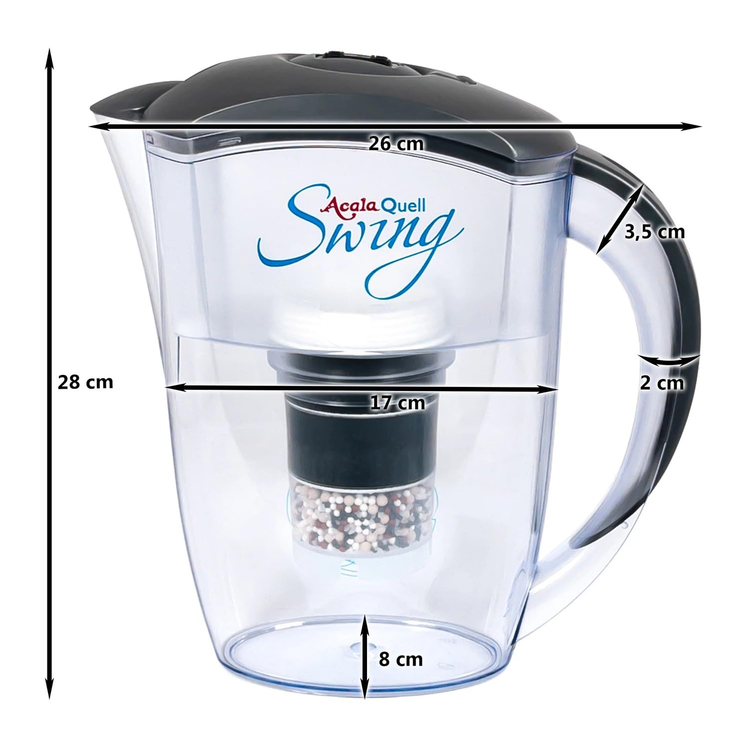 Filtre à eau AcalaQuell Swing carafe filtrante | Anthracite | Très haute performance de filtration | Cartouche filtrante multi-couche | Technologie de PI | Délicieuse dégustation d’une eau saine