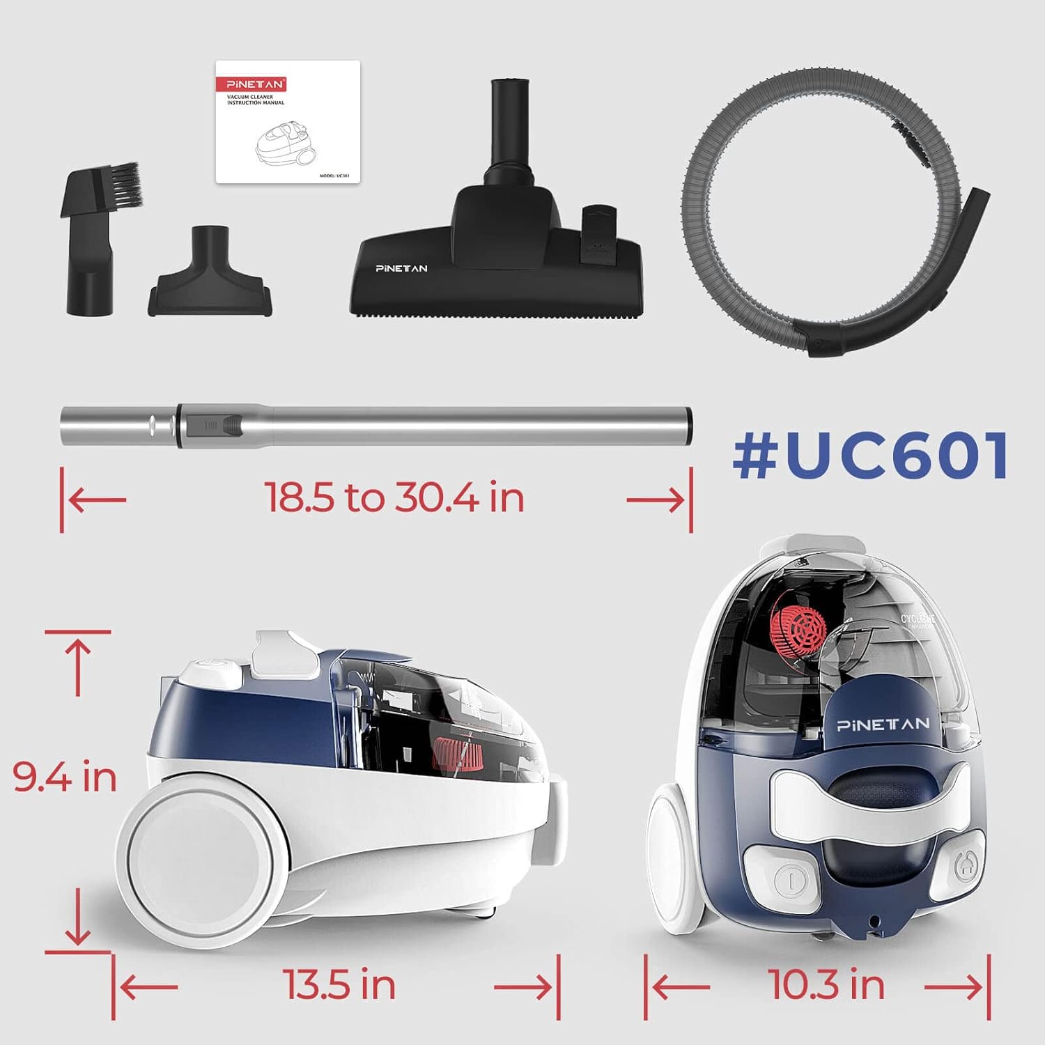 PINETAN Bagless Canister Vacuum Cleaner, with Double HEPA Filtration, Lightweight Design & Powerful Suction, Multi-Surface Cleaning Nozzle and Automatic Cord Rewind - Ocean Blue, UC361 -