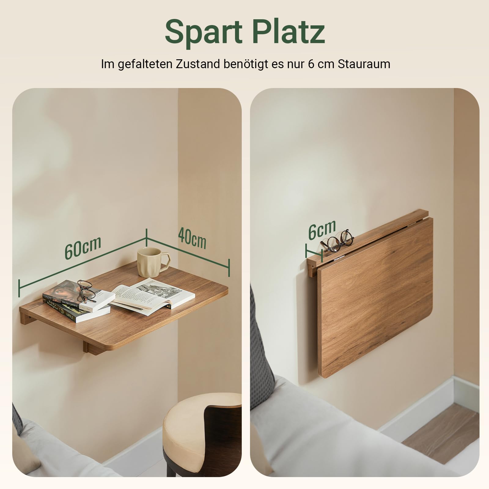 SoBuy Wandklapptisch Faltbarer Esstisch Kompakter Küchentisch Platzsparendes Design Klapptisch für Kleine Räume Wandmontierter Tisch 60x40cm Vintage FWT03-PF