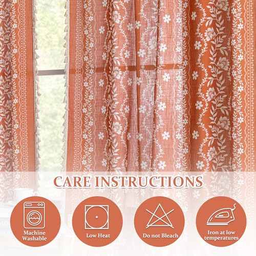 Image of MYSKY HOME Terracotta Boho Floral Linen Curtains 63 Inch Long for Bedroom | Burnt Orange Vintage Farmhouse Curtains for Dining Room Light Filtering Drapes with Tassels Back Tab, 50 inch Wide, 2 Panels