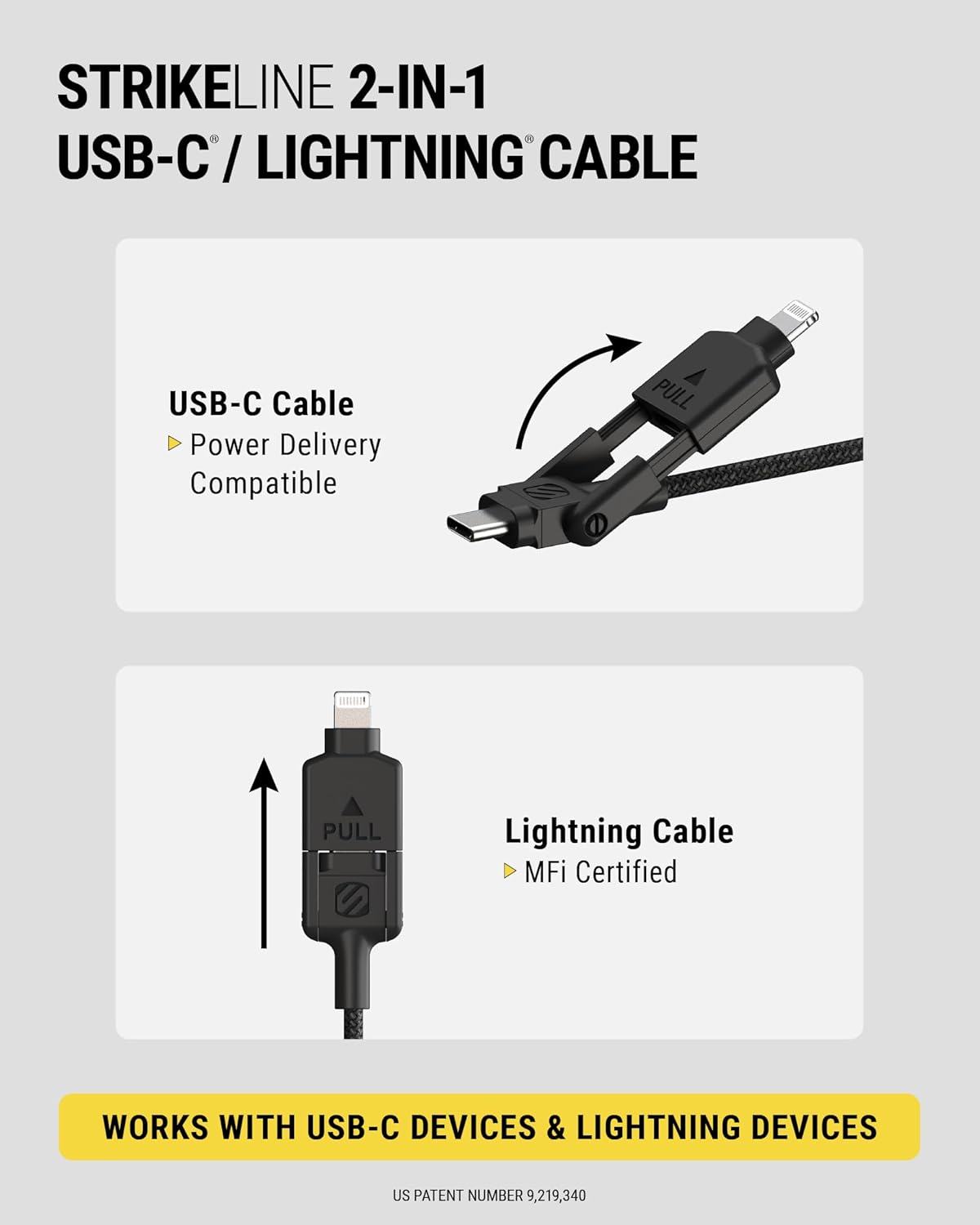 Scosche CCi4B4PSG 2-in-1 Braided USB-C to C/USB-C to Lightning Multi-Device Charge and Sync Cable, 4FT Type-C Charger Fast Charging Cord Compatible with Apple iPhone, iPad, Galaxy and More, Black