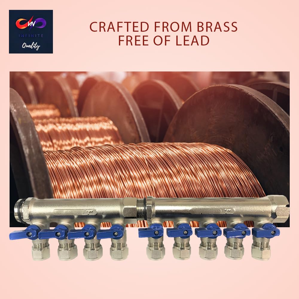 Collettori PEX idraulici da 3/4" con valvole a sfera Pex da 1/2", collettore di calore radiante, collettori per riscaldamento a pavimento per tubi PEX, maniglie blu (6 anelli blu)