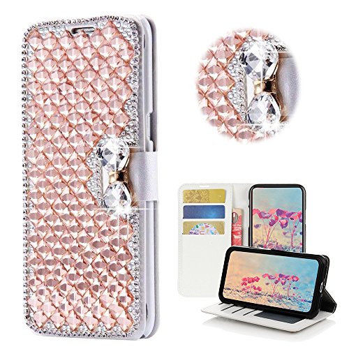STENES Sparkle Wallet Phone Case Compatible with Google Pixel [Stylish] 3D Handmade Bling Square Lattice Bowknot Crystal Diamond Design Girls Women Cover - Champagne