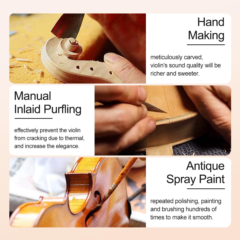 Vetimobato Kit complet de violon 4/4 fait à la main – Dos et éclisses en érable massif avec étui de rangement, archet, repose-épaules et cordes pour joueurs débutants (marron foncé, 4/4)