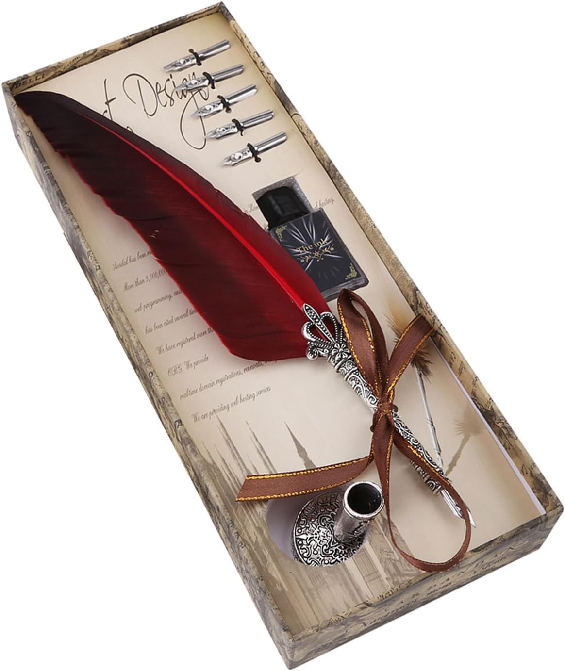 Walfront Antique Quill Dip Pen Set with 5 Nibs and Ink Bottle, Red, Calligraphy Writing Set with Executive Gift Box